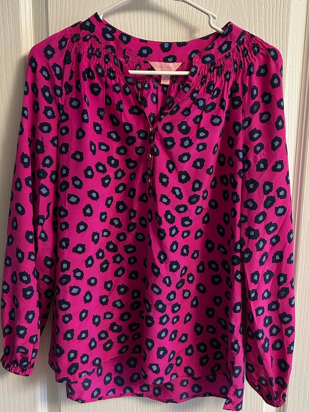 Lilly Pulitzer Hot Pink and Navy Leopard Print Long-Sleeve Blouse